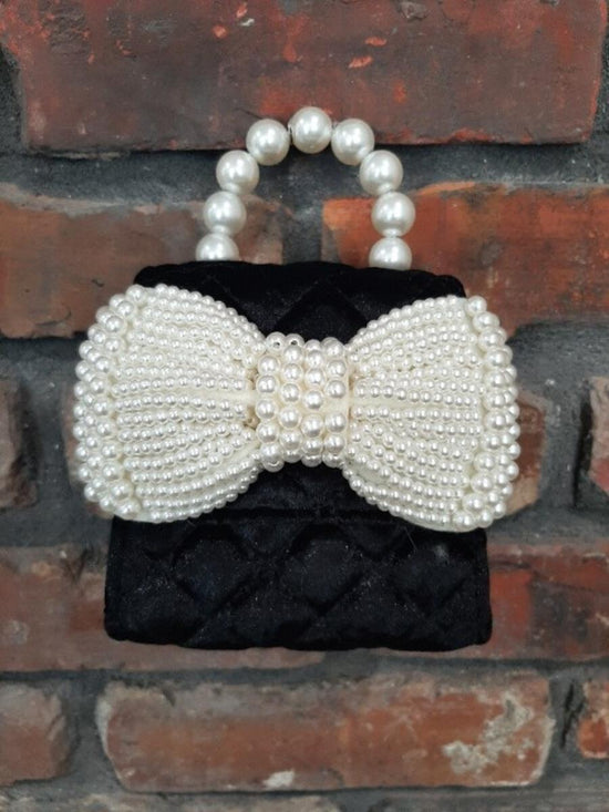 Black Quilted Velvet Purse with Pearl Bow & Handle