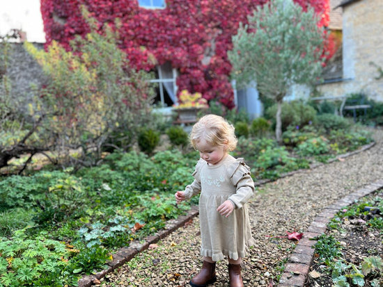 Load image into Gallery viewer, Oatmeal Embroidered Ruffle Sweater Dress
