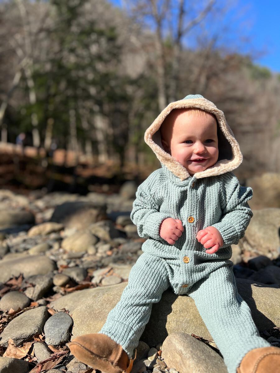 Bailey Textured Knit Hooded Romper in Sage