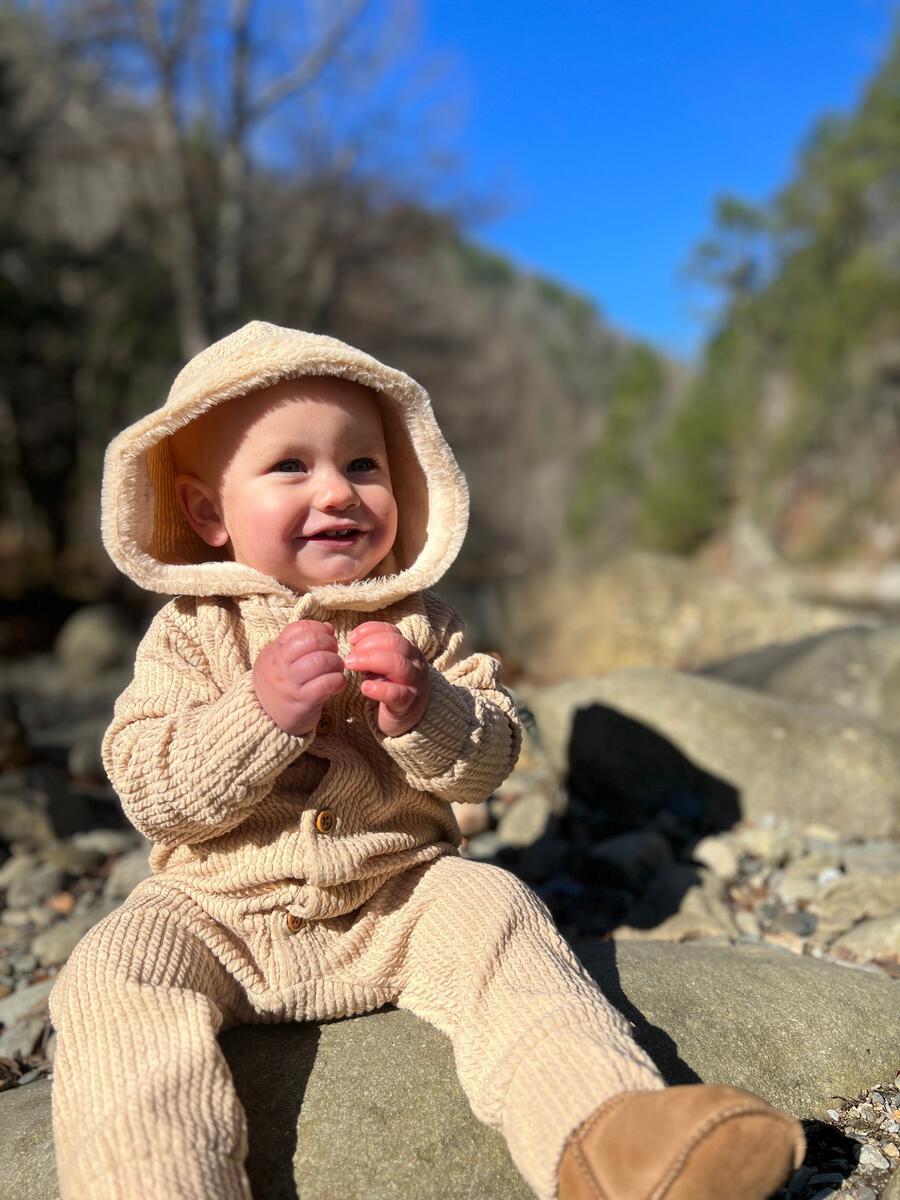 Bailey Textured Knit Hooded Romper in Tan