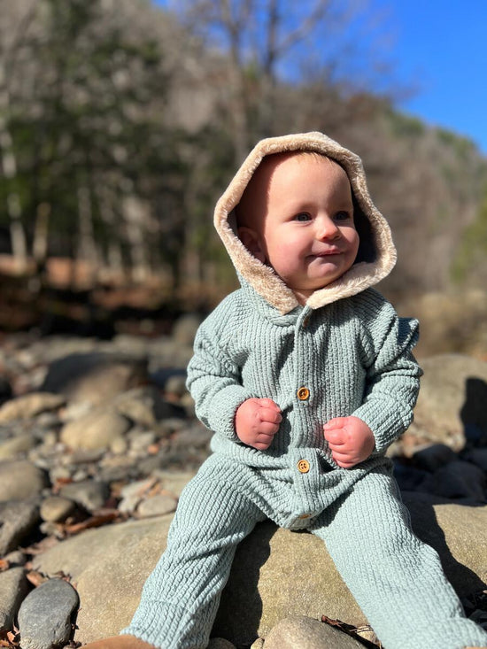 Load image into Gallery viewer, Bailey Textured Knit Hooded Romper in Sage
