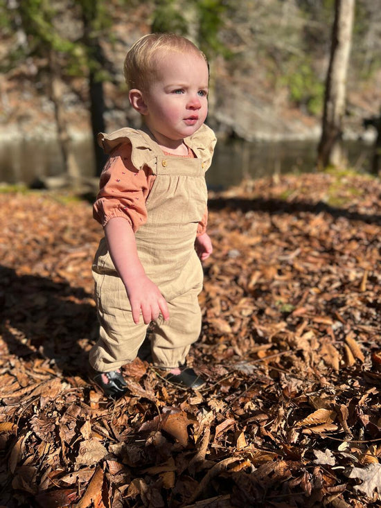 Load image into Gallery viewer, Eloise Ruffle Overall in Gold
