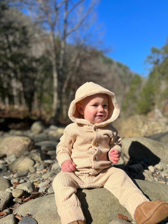 Load image into Gallery viewer, Bailey Textured Knit Hooded Romper in Tan
