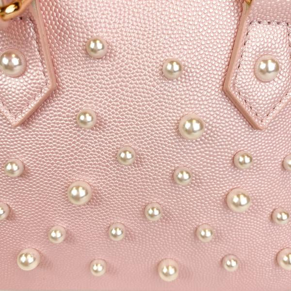 Pink Pearl Studs Leather Barrel Bag