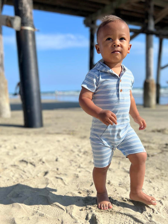 Blue Stripe Hooded Short Romper
