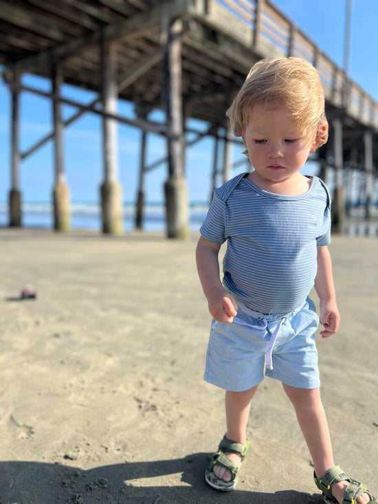 Load image into Gallery viewer, White/Blue Walty Soft Stripe Short Sleeve Onesie
