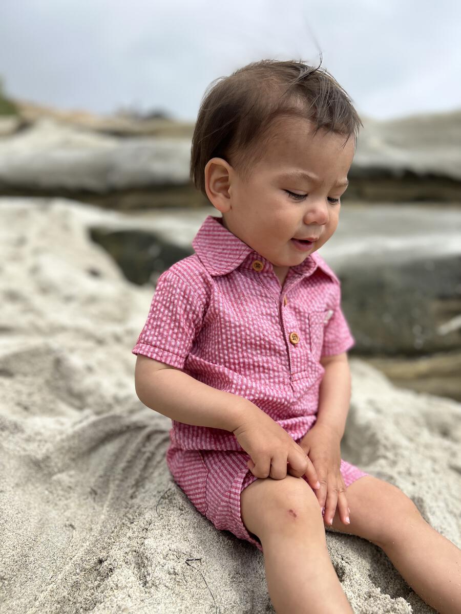 Sandy Red Seersucker Polo Romper