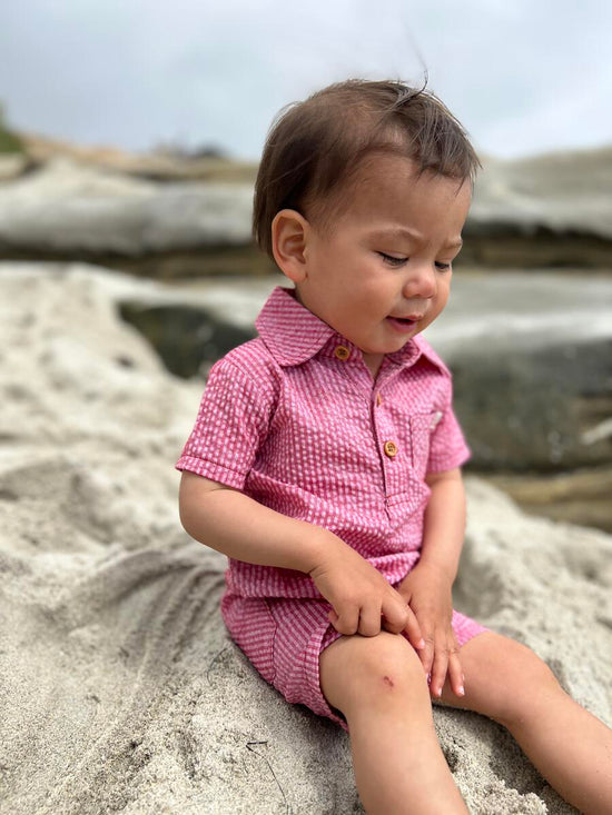 Load image into Gallery viewer, Sandy Red Seersucker Polo Romper
