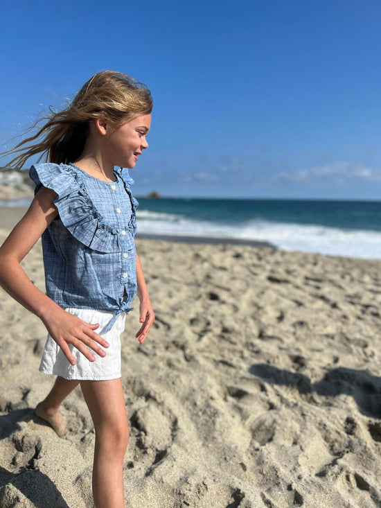 Luna Chambray Blue Ruffle Top