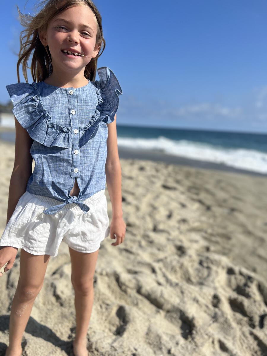 Luna Chambray Blue Ruffle Top