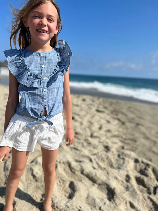 Luna Chambray Blue Ruffle Top