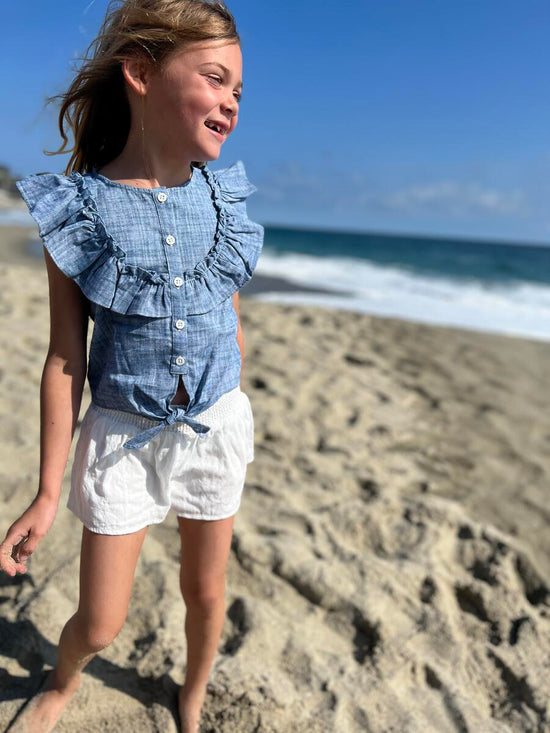 Luna Chambray Blue Ruffle Top