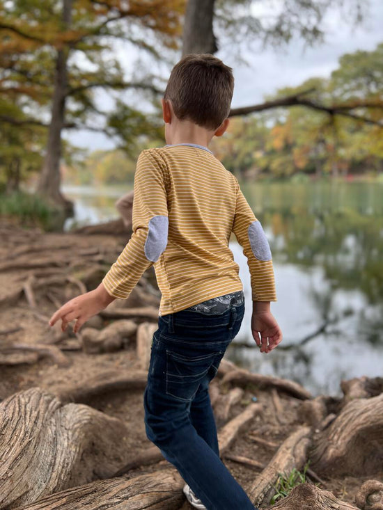 Gold/White Striped Mascot Henley with Elbow Patch