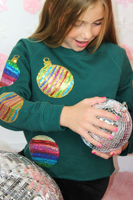 Load image into Gallery viewer, Tween Green Sequin Ornament Crop Sweatshirt
