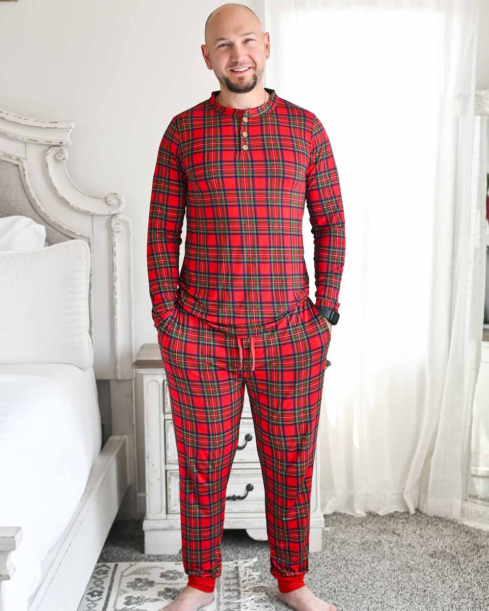 Men's Button Front Plaid Loungewear Set