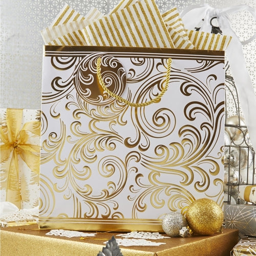 Golden Whimsical Scrolls Large Square Gift Bag