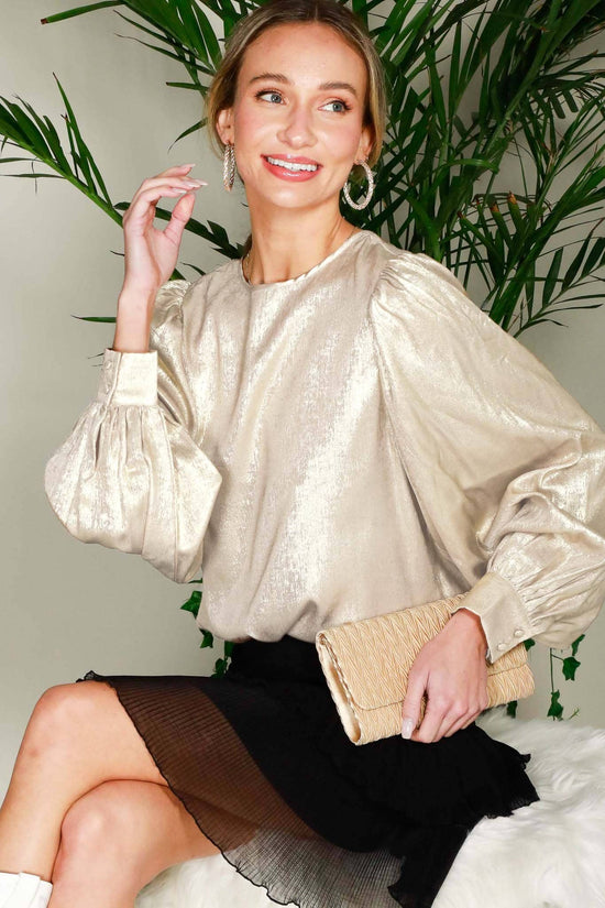 Load image into Gallery viewer, Long Balloon Sleeve Round Neck Metallic Woven Blouse
