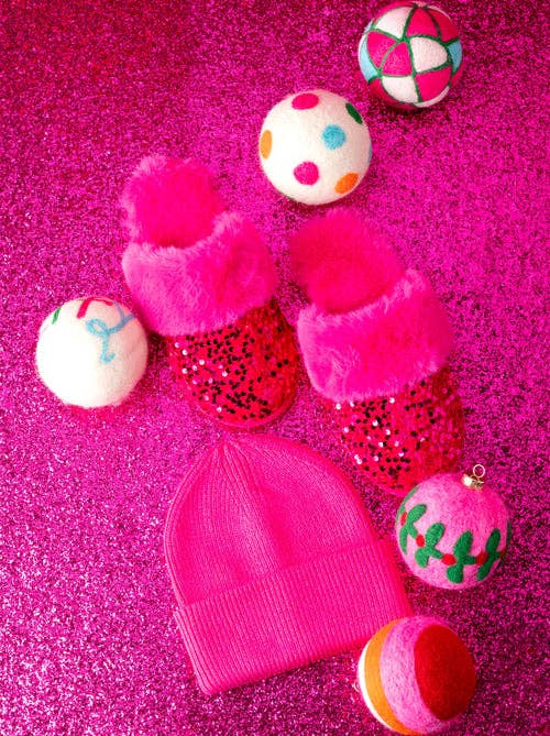 L/XL Magenta Sequin Plush Slippers