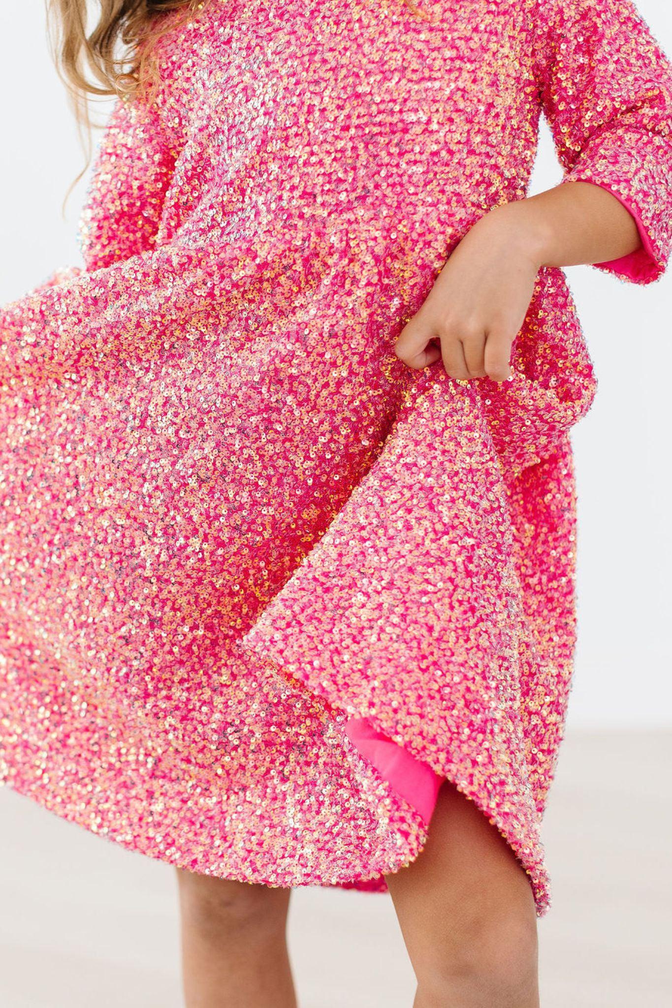 Hot Pink Sequin Sleeved Dress