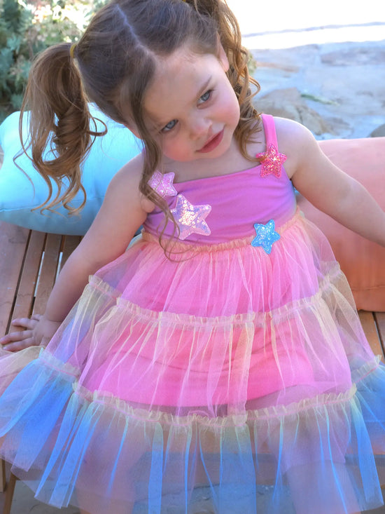 Load image into Gallery viewer, Tie-Dye Rainbow Tiered Mesh Dress with Star Appliqués
