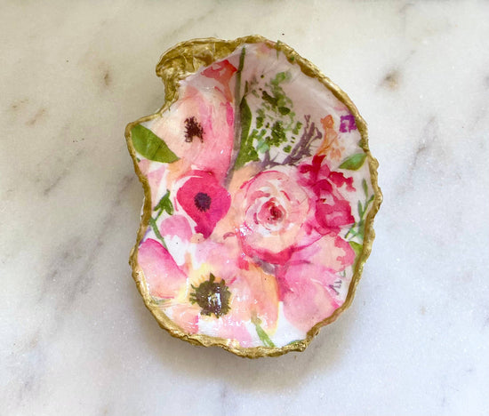 Load image into Gallery viewer, Small Pink Floral Oyster Shell Jewelry Dish
