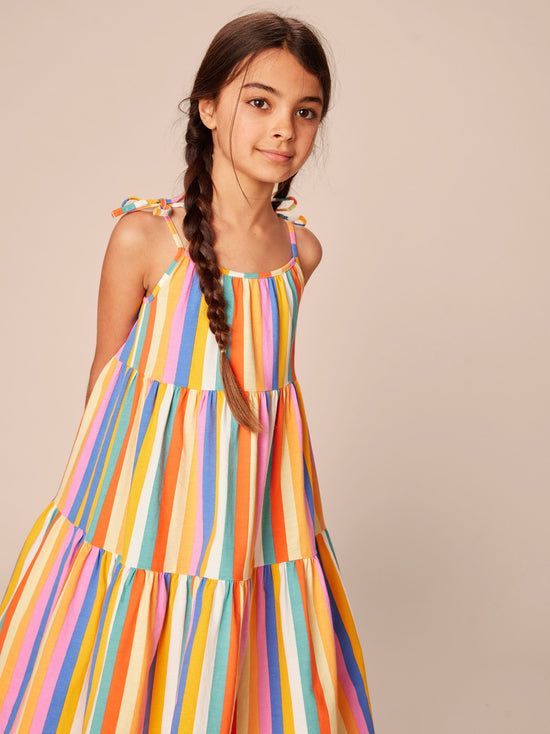 Load image into Gallery viewer, Tie Shoulder Tiered Dress / Lamu Sunset Stripe
