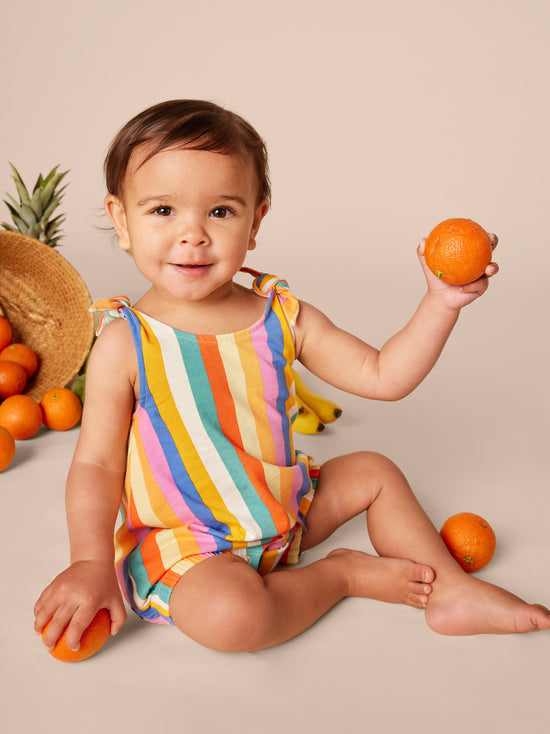 Load image into Gallery viewer, Tie Shoulder Baby Romper / Lamu Sunset Stripe
