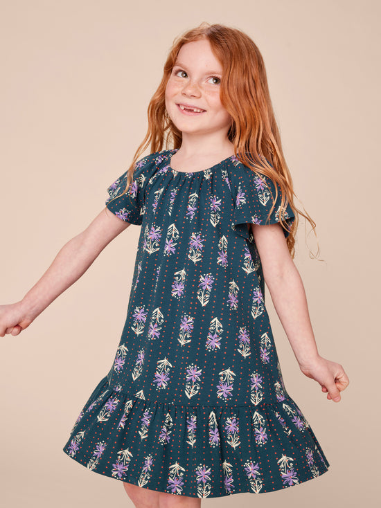 Load image into Gallery viewer, Flutter Sleeve Drop Skirt Dress in Dotted Navy Floral Print

