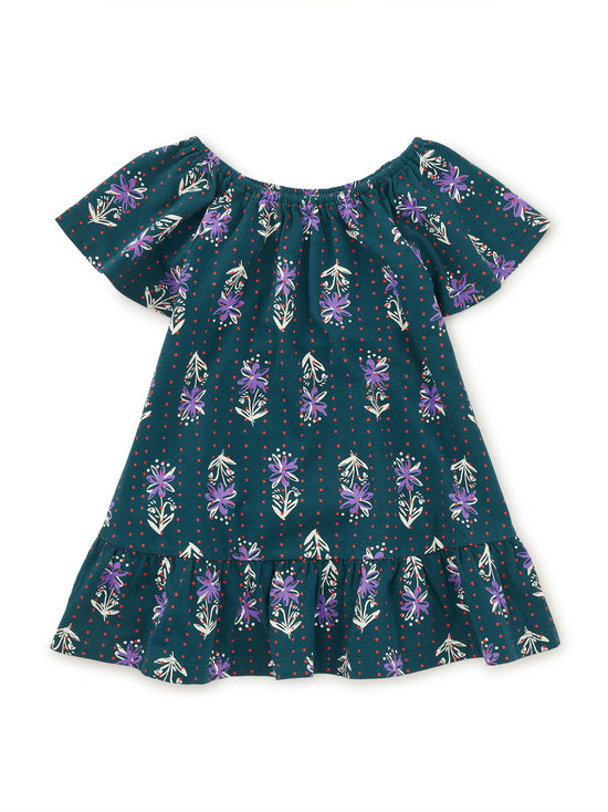 Load image into Gallery viewer, Flutter Sleeve Drop Skirt Dress in Dotted Navy Floral Print
