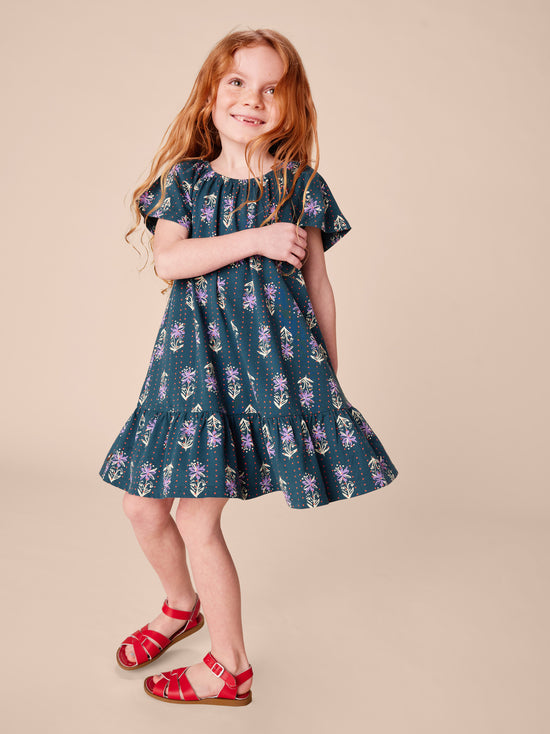 Load image into Gallery viewer, Flutter Sleeve Drop Skirt Dress in Dotted Navy Floral Print

