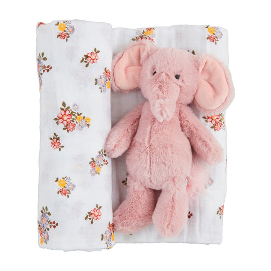 Elephant Floral Swaddle & Rattle Set