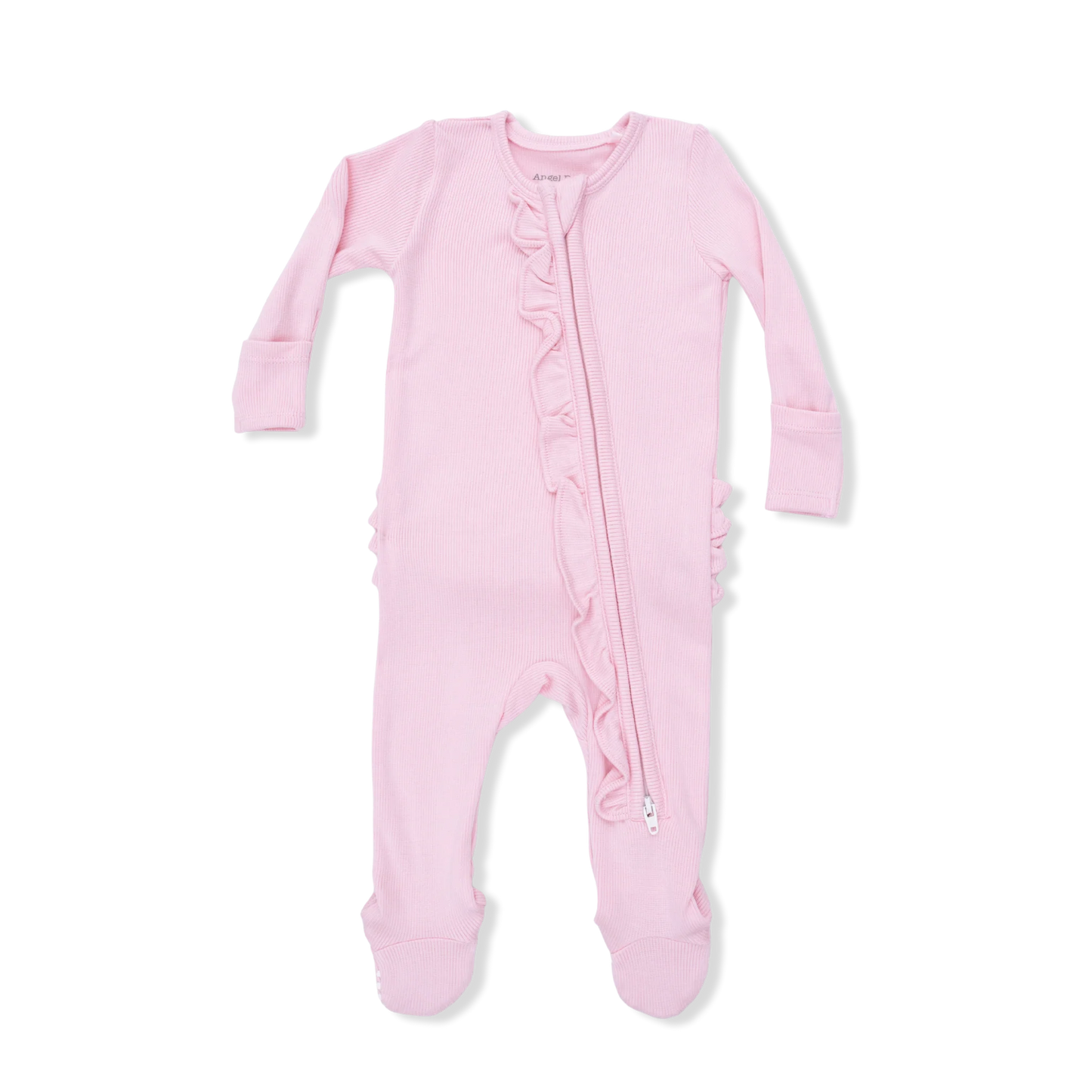 Solid Romance Rose Rib- 2 Way Ruffle Front Zipper Footie