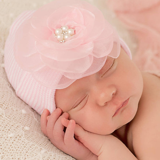 0-3M Pink Chiffon Flower Beanie