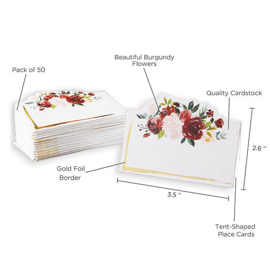 Burgundy Blush Floral Tent Place Card (Set of 50)