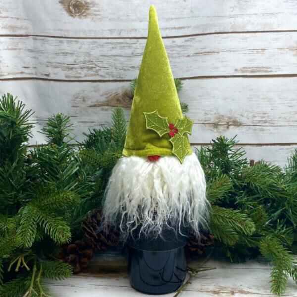 Green Velvet Santa Gnome Bottle Topper