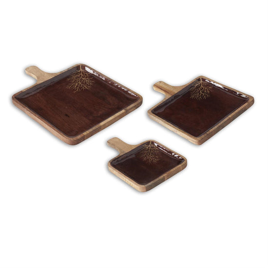 Wood Brown Enameled Gold Leaf Square Trays