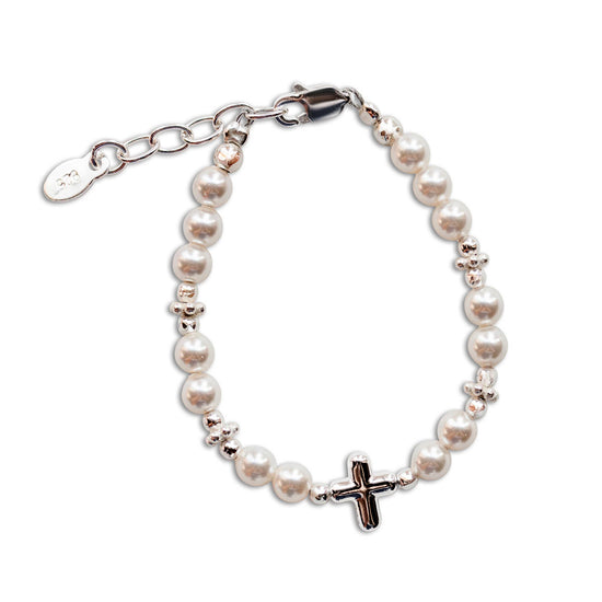 Load image into Gallery viewer, Girls Sterling Silver Pearl Cross Baby Bracelet Baptism Gift 0-12 months adjustable
