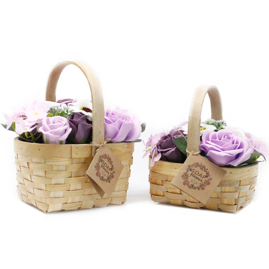 Load image into Gallery viewer, Medium Lilac Soap Flower Bouquet in Wicker Basket
