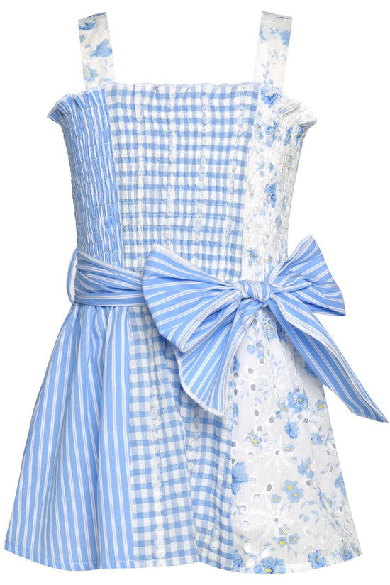 MIX MEDIA SMOCKED ROMPER W/ WAIST TIE