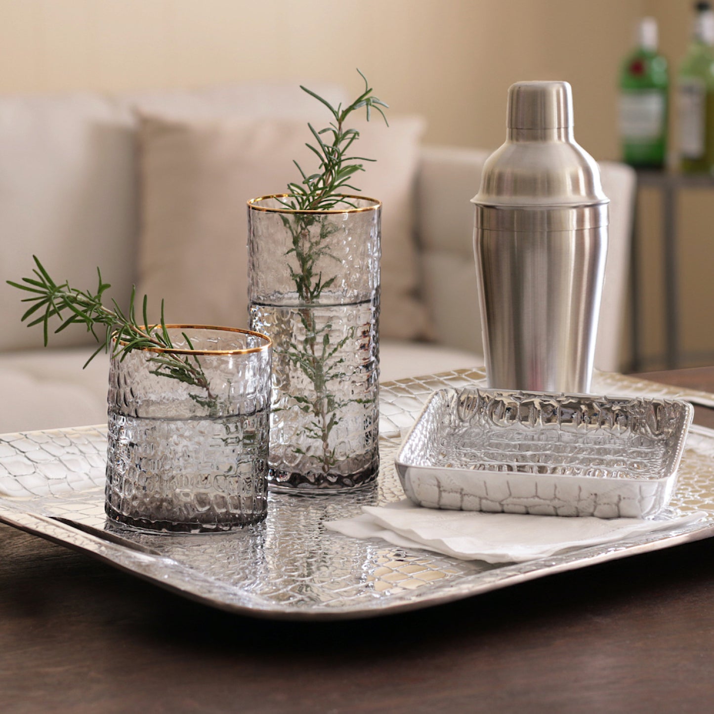 Glass Croc Double Old Fashioned with Gold Rim in Smoke Grey