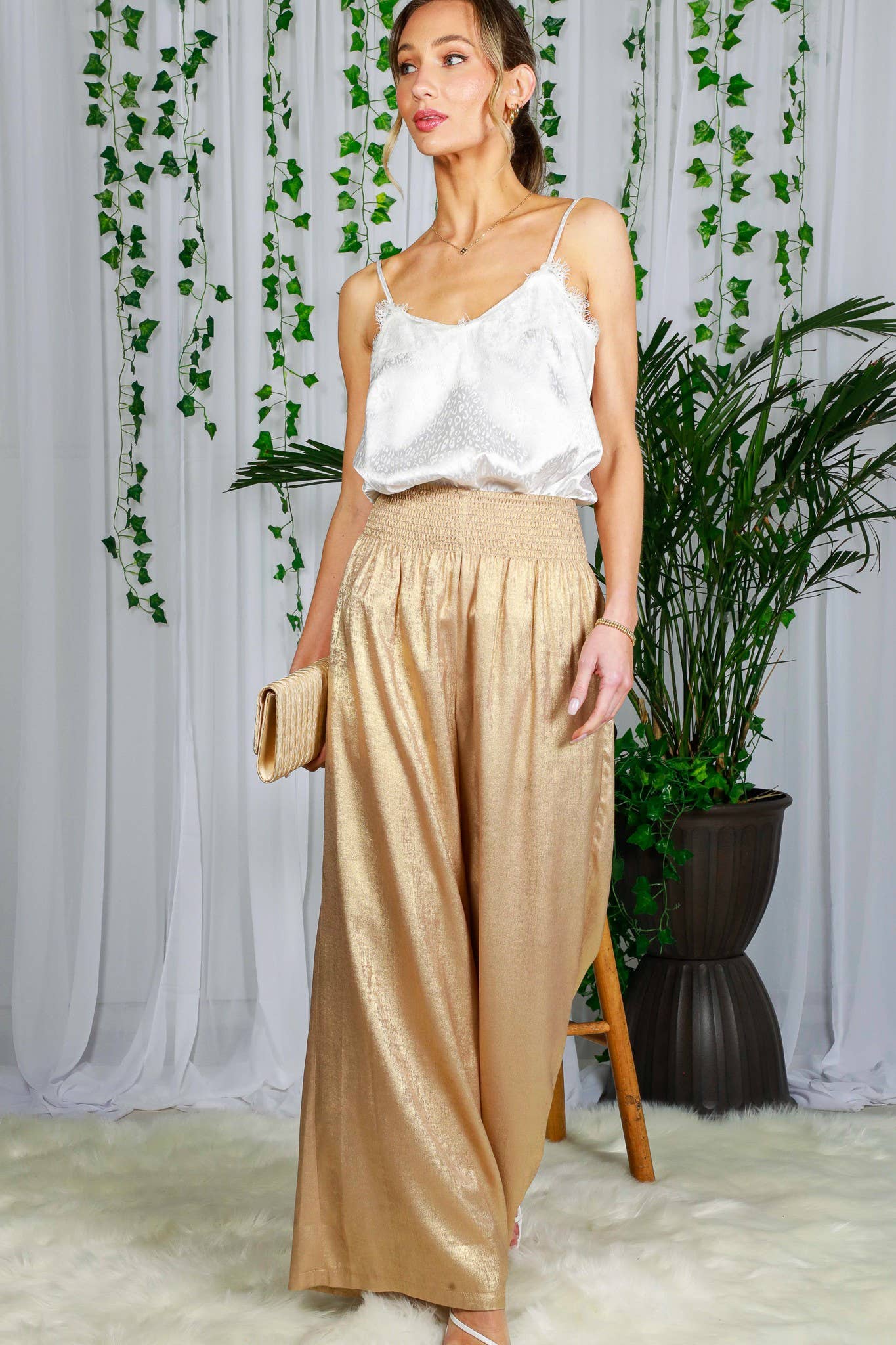 Elastic Smocked Waist Band With Pocket Foil Pants VP81443B: Black / L