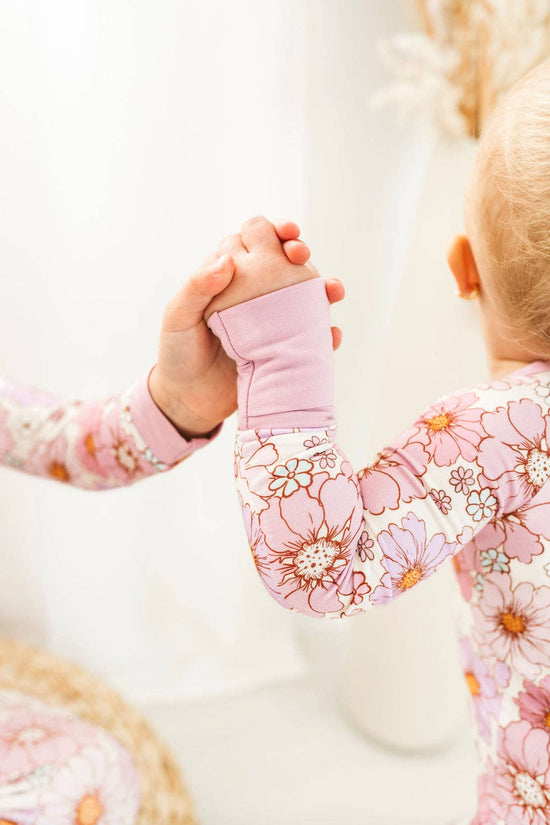 Load image into Gallery viewer, Powerful in Pink (Flower) Bamboo baby pajamas convertible Romper
