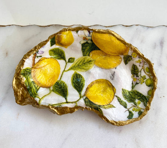Load image into Gallery viewer, Small Lemon Print Oyster Shell Jewelry Dish
