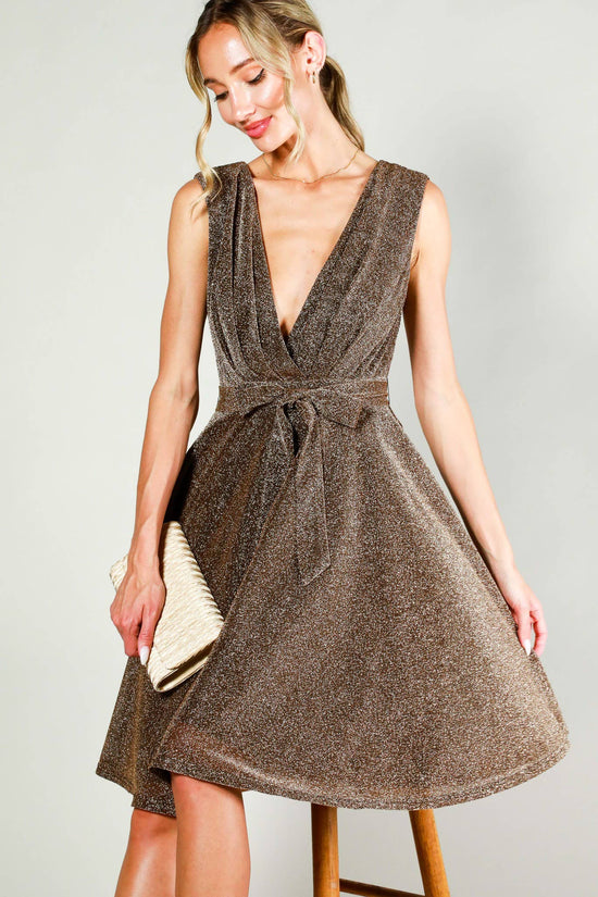 Load image into Gallery viewer, Surplice V-neck Sleeveless Tie Waist Dress in Bronze
