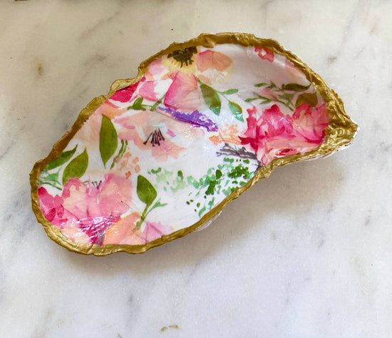 Load image into Gallery viewer, Small Pink Floral Oyster Shell Jewelry Dish
