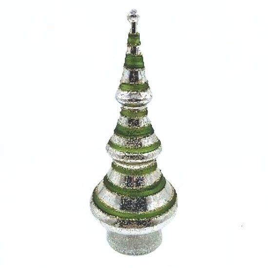 Glass table top tree, antique silver with green bands and vintage glitter trim, LED, 12 in