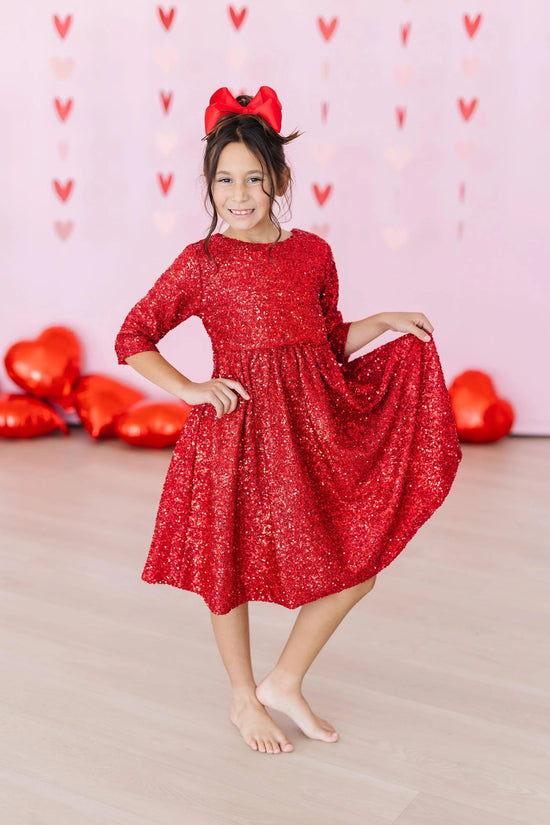 Load image into Gallery viewer, Red Sequin Sleeved Dress
