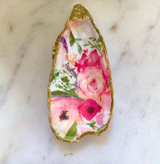 Load image into Gallery viewer, Medium Pink Floral Oyster Shell Jewelry Dish
