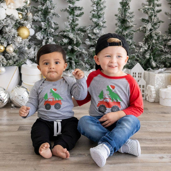 Load image into Gallery viewer, Santa Dino Monster Truck Christmas Long Sleeve Bodysuit
