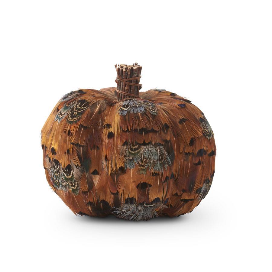 Orange & Brown Feather Pumpkins w/Twig Stems